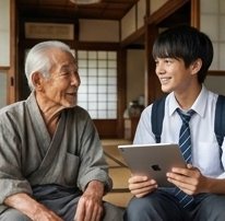 島のお年寄りに話を聞く生徒