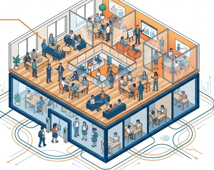 学びのフロアの上に企業オフィスがある建物の立体イラスト