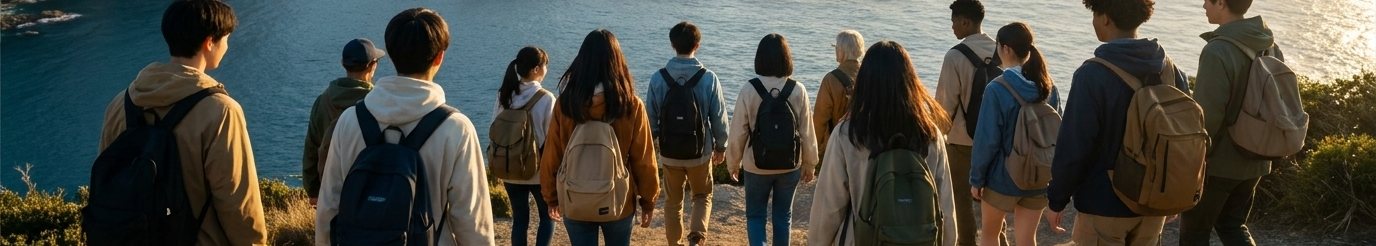 海を見下ろす丘に並ぶ生徒たちの後ろ姿