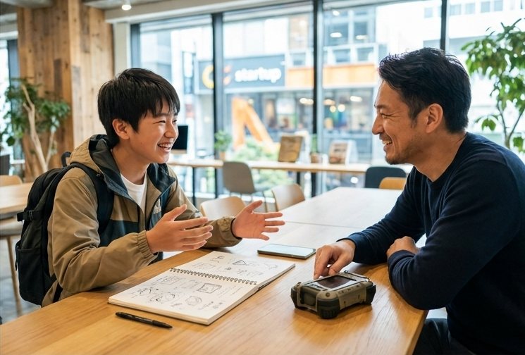 生徒と大人が机をはさんで対話する様子