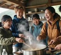 島の宿で料理をする生徒たち