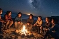 星空の下、浜辺の焚き火を囲む生徒たち