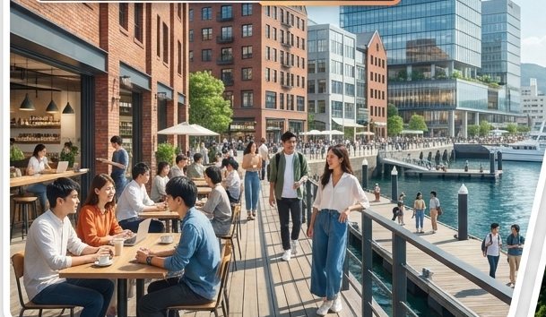 長崎の港沿いのテラスで学ぶ人たち