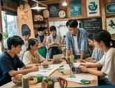 地域のカフェで打ち合わせする若者