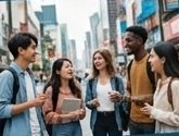 海外の街で話す学生たち