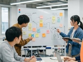 付箋だらけのホワイトボードの前で話し合う生徒