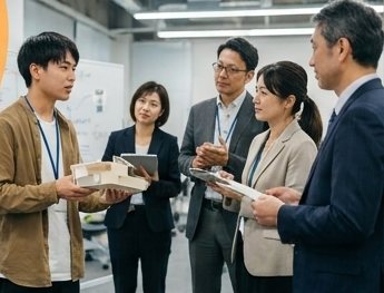 企業の大人に向けて発表する生徒